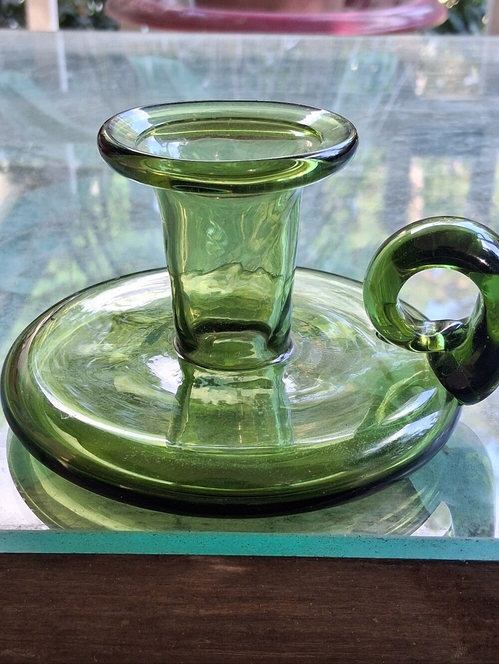 Green Glass Chamberstick Candle Holder - With Handle